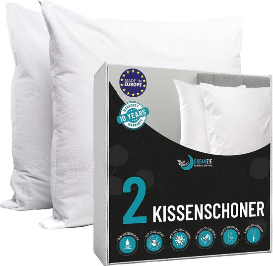 Dreamzie - Waterdichte kussenhoes 60 x 60 cm - 100% katoenen stof - Oeko Tex® gecertificeerd - Pack van 2 kussenbeschermers met ritssluiting - Ademend, hypoallergeen, anti-mijt, antibacterieel