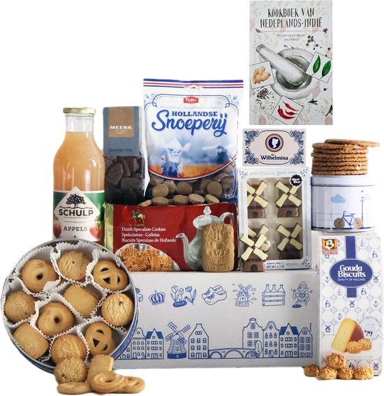 Cadeaupakket - Holland Pakket nr 18 - Pakket met boek "Kookboek van Nederlands Indië" en diverse Hollandse lekkernijen