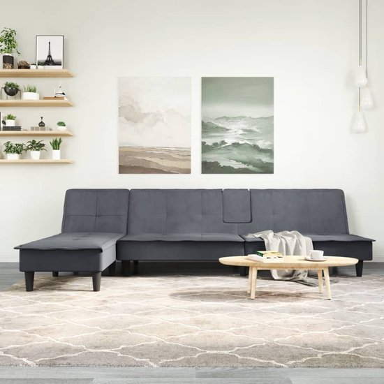 The Living Store Canapé-lit - velours gris foncé - en forme de L - 255x140x70cm - table à thé pliante