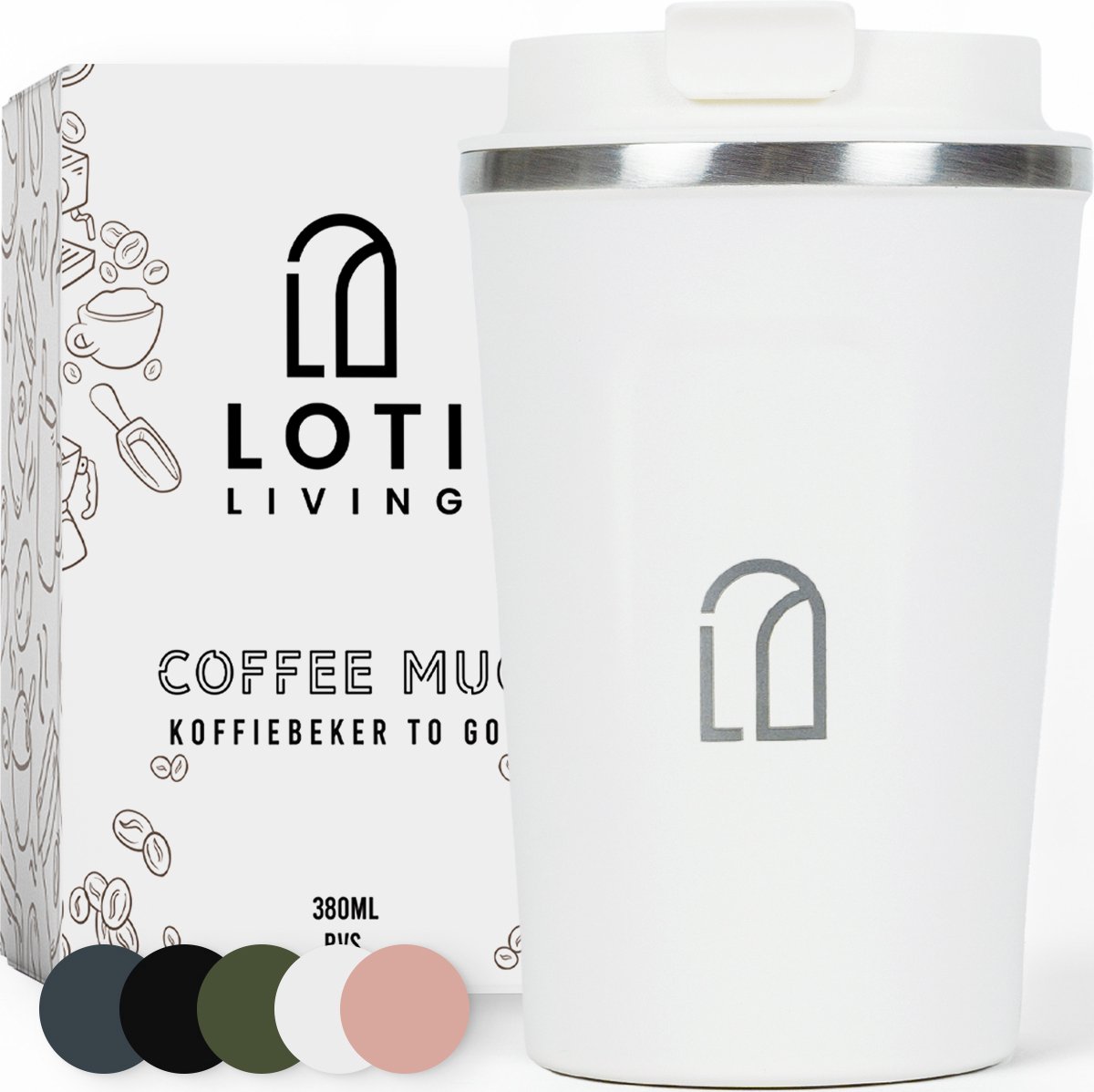 Loti Living Koffiebeker To Go – Thermosbeker - Koffiebeker onderweg – Theebeker – Travel mug - 380ml – Wit