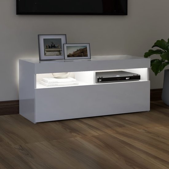 The Living Store Tv-meubel Hifi-kast - 90 x 35 x 40 cm - Hoogglans wit - RGB LED-verlichting