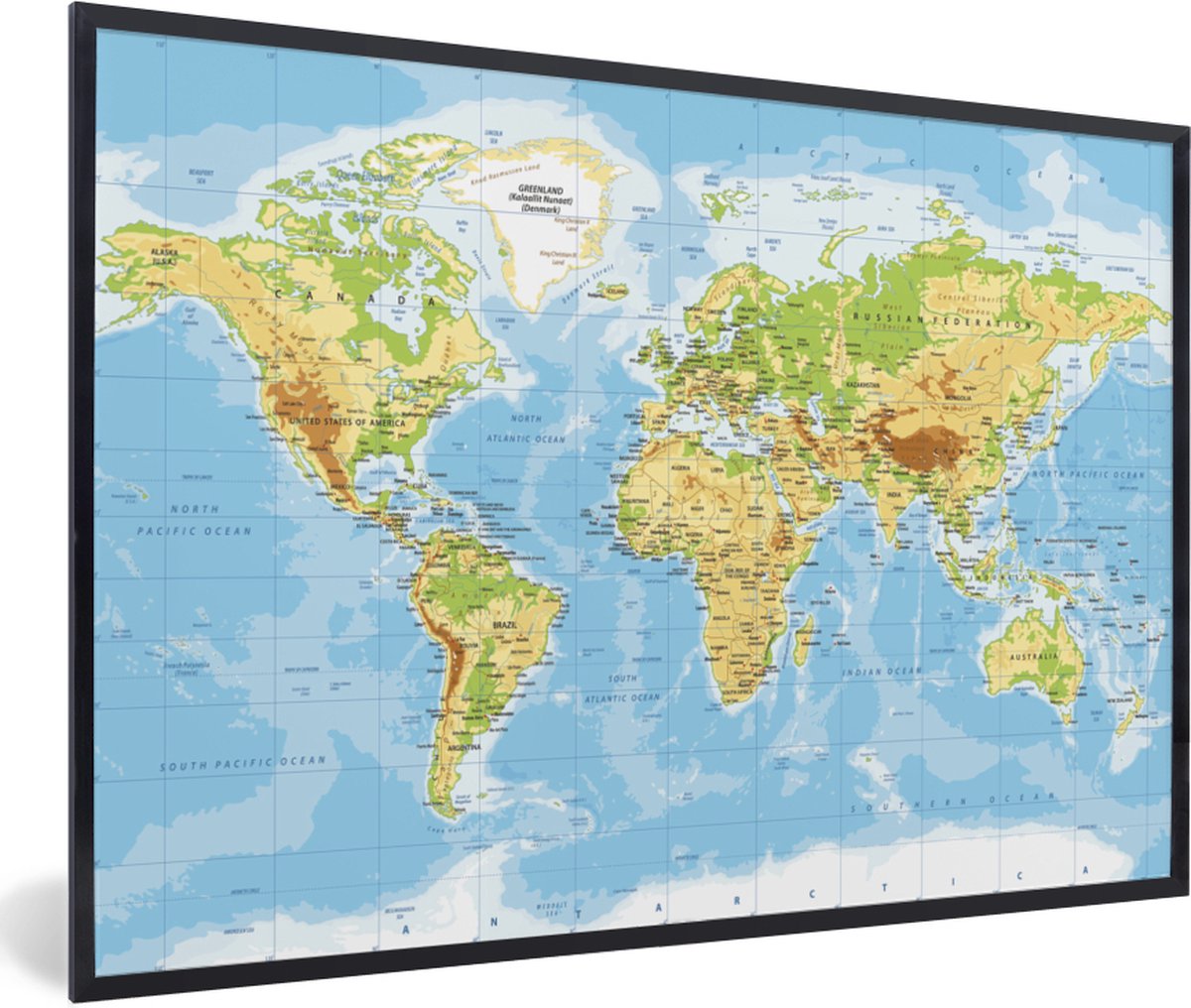 Poster in lijst - Fotolijst 90x60 cm - Posters - Wereldkaart - Staatkundig - Blauw - Aarde - Educatief - Posterlijst zwart - Decoratie - Wanddecoratie woonkamer - Muurdecoratie slaapkamer
