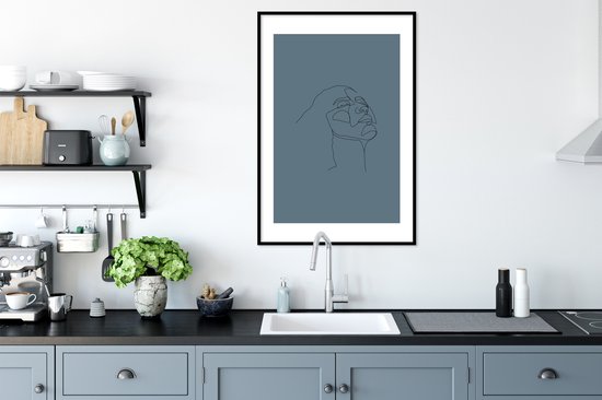 Photo dans le cadre - art illustration Line sur le dessus d'une femme sur le visage noir de cadre photo de fond gris avec monture 60x90 60x90 cm - affiche dans le cadre (Décoration murale salon / chambre à coucher)