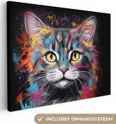 Canvas Schilderij Kat - Graffiti - Dieren - Kleuren - Grijs - 80x60 cm - Wanddecoratie
