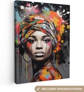 Canvas Schilderij Vrouw - Hoofddoek - Graffiti - Zwart - 30x40 cm - Wanddecoratie