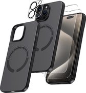 Hoesje Geschikt voor iPhone 15 Pro Silicone backcover met Magnetisch Ring incl 2x gehard glazen screenprotector & 1x cameraLens protector – Zwart