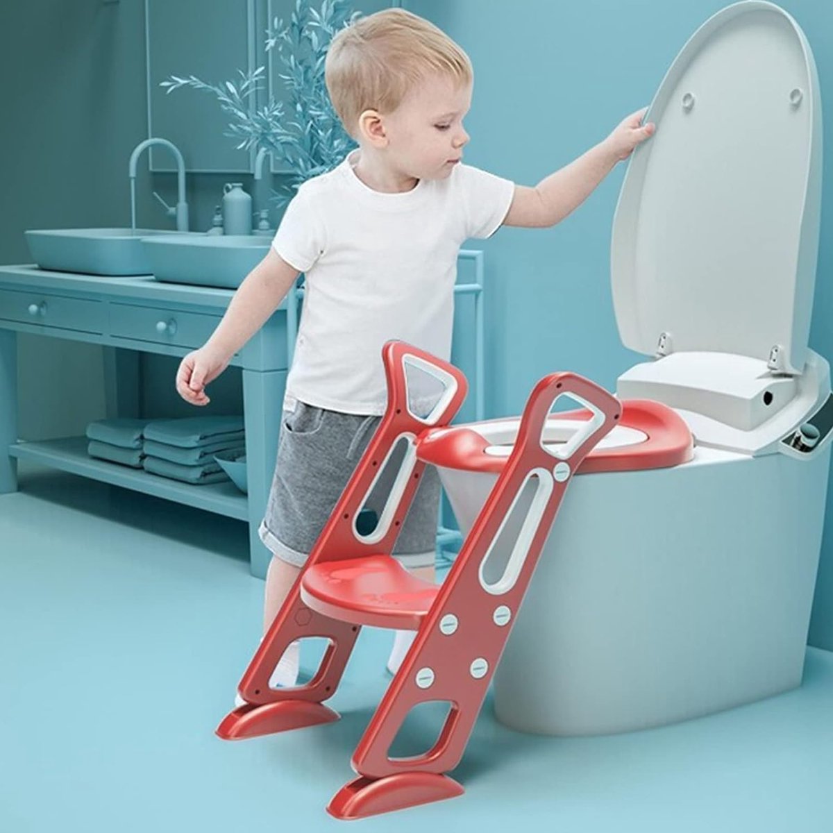 Siège de Toilette Enfant Reducteur de Toilette Pliable et Réglable Escalier  Toilette Enfant avec Échelle Marche pour Enfants 1 à 7 ans (Bleu+vert)