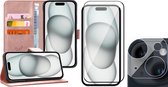 Hoesje geschikt voor iPhone 15 Plus - Screenprotector FullGuard & Camera Lens Screen Protector - Book Case Leer Pasjeshouder Rosegoud
