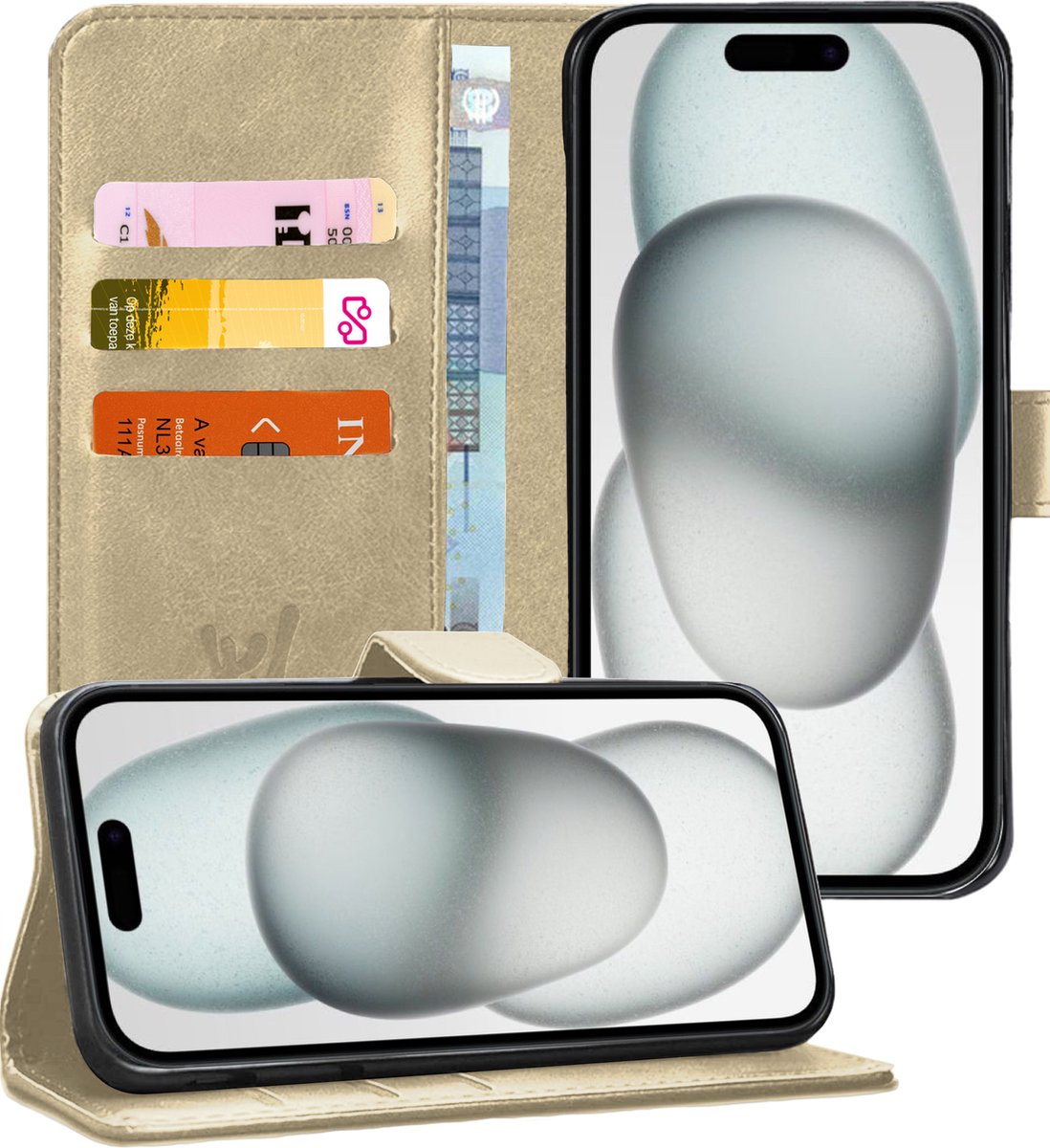 Hoesje geschikt voor iPhone 15 Plus - Book Case Kunstleer Pasjeshouder Goud