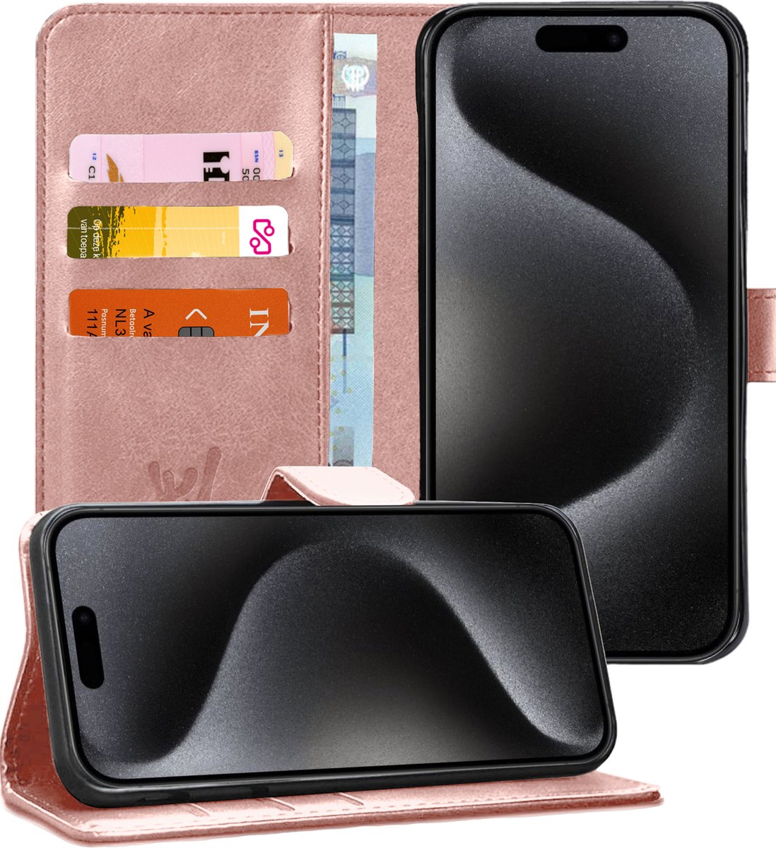 Hoesje geschikt voor iPhone 15 Pro - Book Case Kunstleer Pasjeshouder Rosegoud