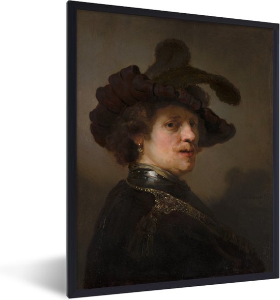 Fotolijst incl. Poster - Tronie van een man met gevederde baret - Rembrandt van Rijn - 30x40 cm - Posterlijst