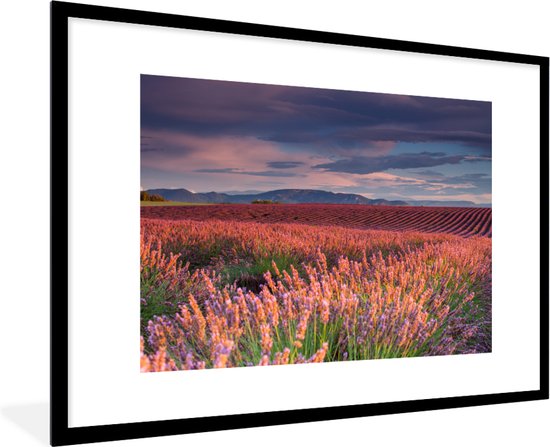 Photo encadrée - Champ de lavande au coucher du soleil calme cadre photo noir avec passe-partout blanc 60x90 90x60 cm - Affiche encadrée (Décoration murale salon / chambre)