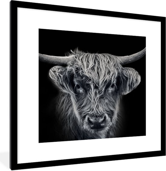 Poster in lijst - Fotolijst 40x40 cm - Posters - Schotse hooglander - Zwart - Koe - Dieren - Posterlijst zwart - Decoratie - Wanddecoratie woonkamer - Muurdecoratie slaapkamer