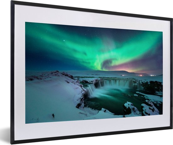 Fotolijst incl. Poster - Noorderlicht - Sneeuw - Natuur - IJsland - 60x40 cm - Posterlijst