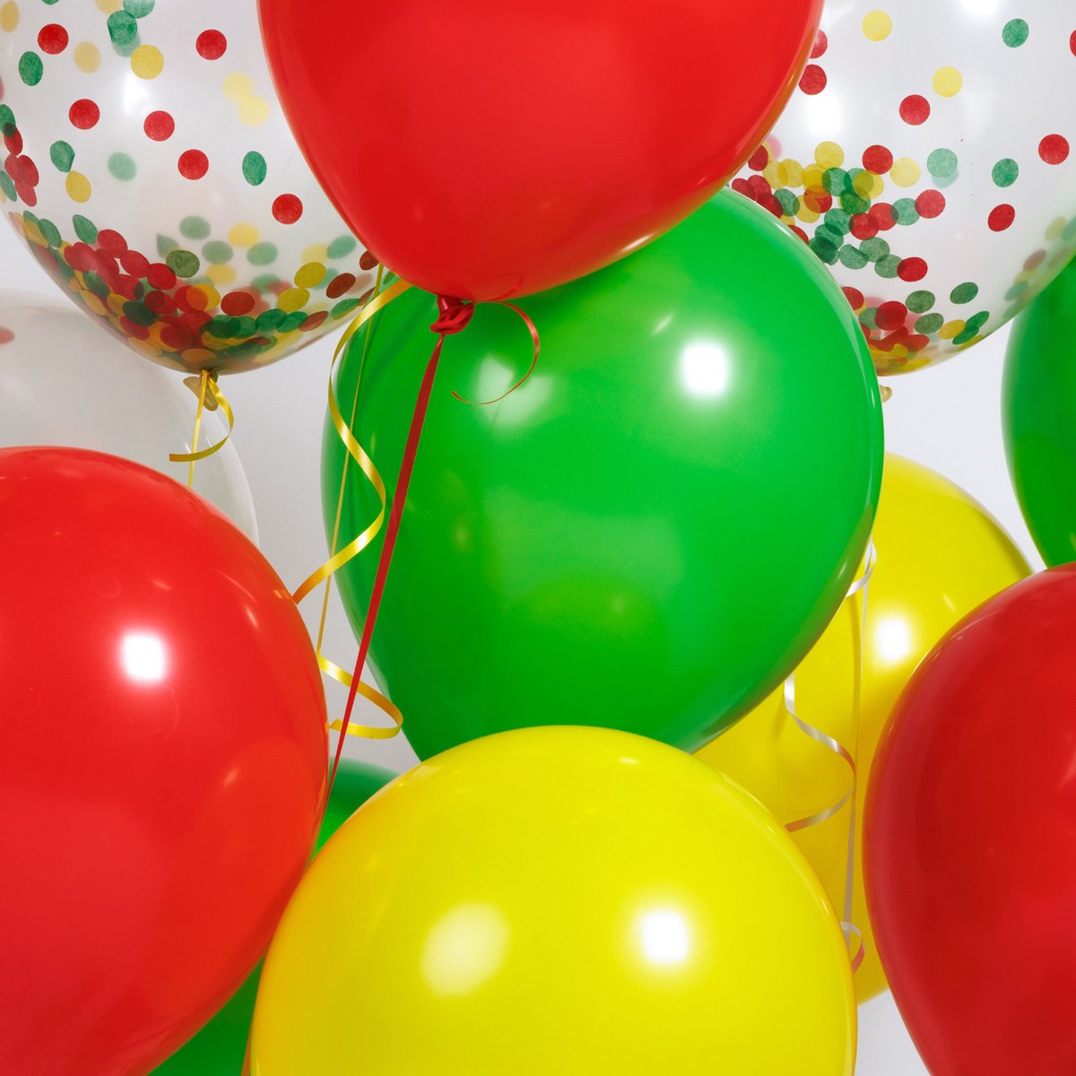 Fissaly 40 Stuks Rood, Geel & Groen Carnaval Helium Ballonnen met Lint – Versiering Decoratie – Papieren Confetti - Latex — afbeelding 7