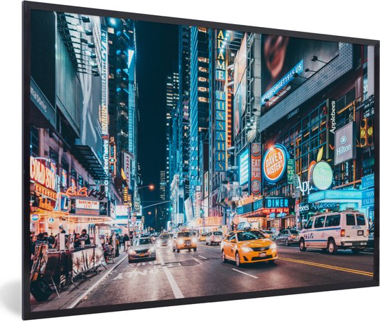 Fotolijst incl. Poster - New York - Taxi - Times Square - 90x60 cm - Posterlijst