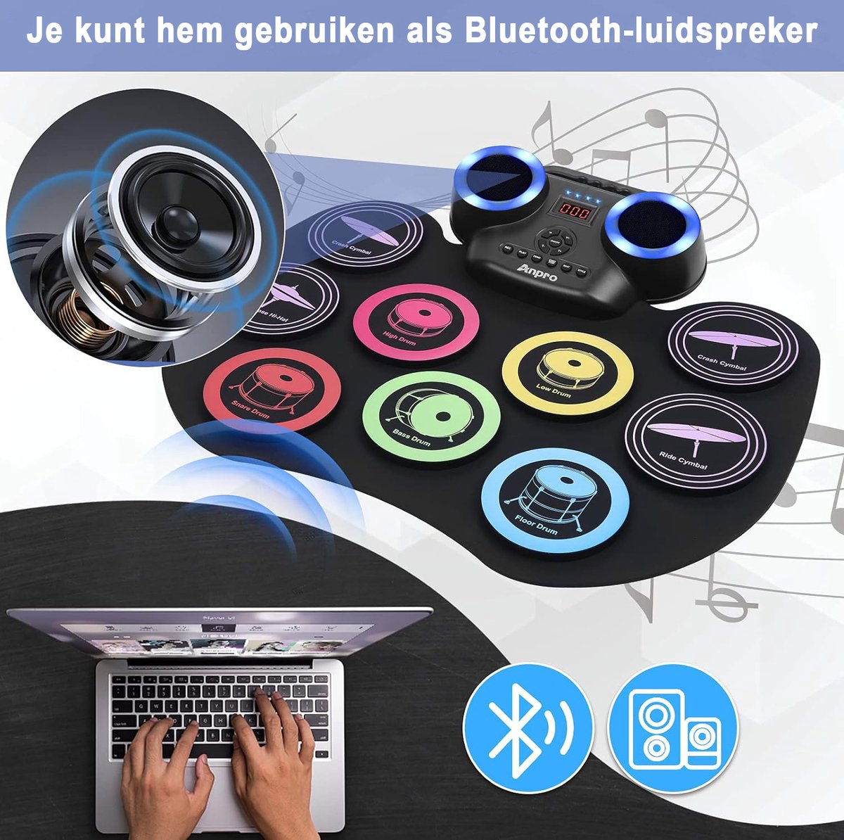 Drumstel Elektronisch - 8-Delig - LED-Kleurenscherm - Draagbaar - Met Hoofdtelefoonaansluiting
