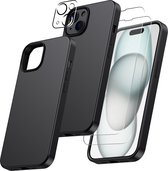 Hoesje Geschikt voor iPhone 15 – Zacht siliconen liquid backcover met 2x screenprotector gehard glas en 1x lens protector – Zwart