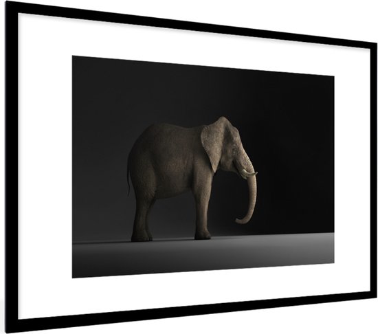 Photo encadrée - Eléphant sur fond noir cadre photo noir avec passe partout blanc 40x60 60x40 cm - Affiche encadrée (Décoration murale salon / chambre)