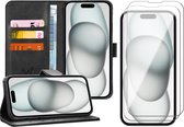 Hoesje geschikt voor iPhone 15 Plus - 2x Screen Protector GlassGuard - Book Case Leer Pasjeshouder Zwart & Screenprotector