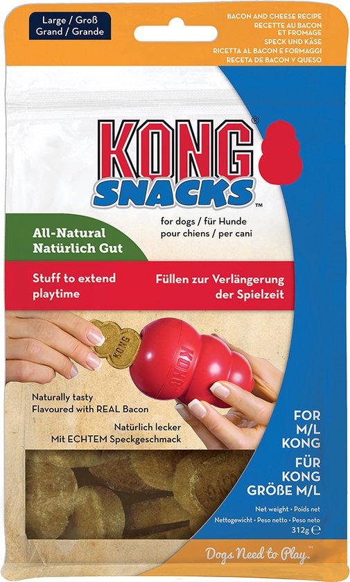 Verpakking Kong Snacks voor honden, met rode Kong speeltje en bruine traktaties. Bacon & Cheese smaak.