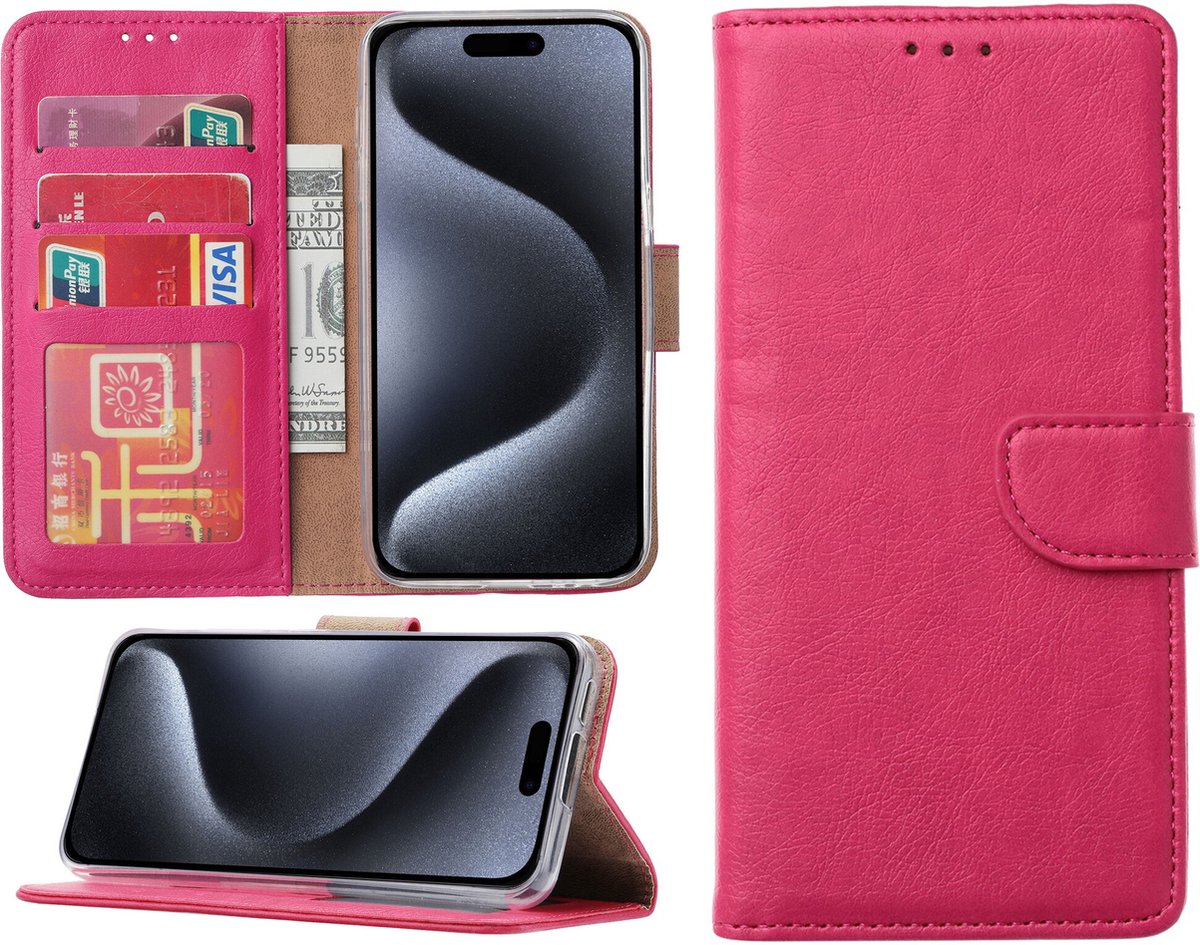 Hoesje Geschikt voor iPhone 15 Pro Max – portemonnee bookcase met pasjeshouder – Roze