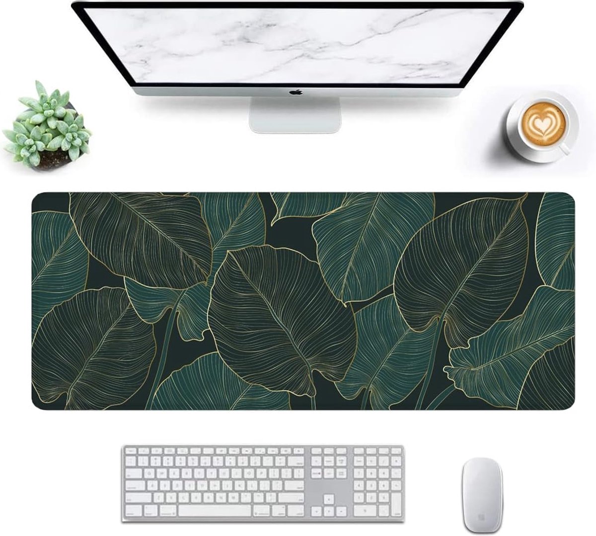 Gaming muismat XXL 800 x 300 mm, tropische bladeren groen en zwart, groot, genaaide randen, waterdicht, anti-slip, voor pc, MacBook, laptop