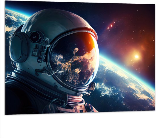 Dibond - Astronaut - Galaxy - Sterren - Aarde - 100x75 cm Foto op Aluminium (Wanddecoratie van metaal)