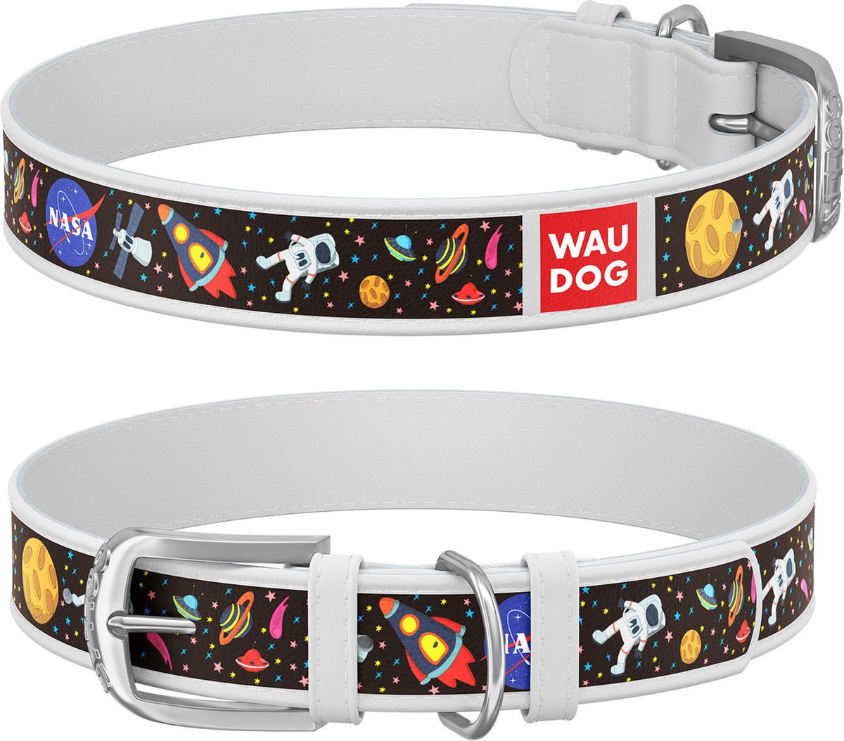 WAUDOG Nasa Halsband - Echt leder - Wit met full colour patroon - Breedte: 2,5 cm - Nekomvang: 37 - 48 cm (GELIEVE ALVORENS EVEN OPMETEN)