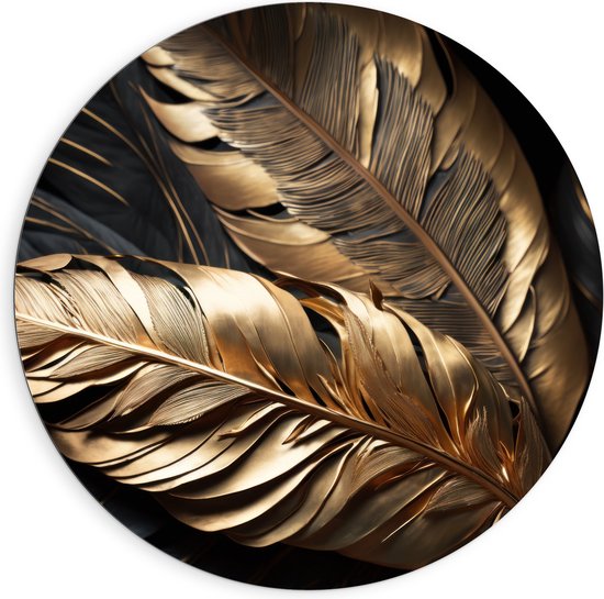 Dibond Muurcirkel - Zwarte en Gouden Palmbladeren - 90x90 cm Foto op Aluminium Muurcirkel (met ophangsysteem)