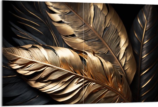 Acrylglas - Zwarte en Gouden Palmbladeren - 120x80 cm Foto op Acrylglas (Wanddecoratie op Acrylaat)