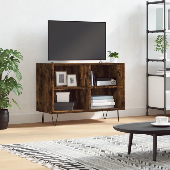 The Living Store Tv-meubel Gerookt Eiken - 69.5 x 30 x 50 cm - Opbergruimte - Stevig Tafelblad en IJzeren Poten