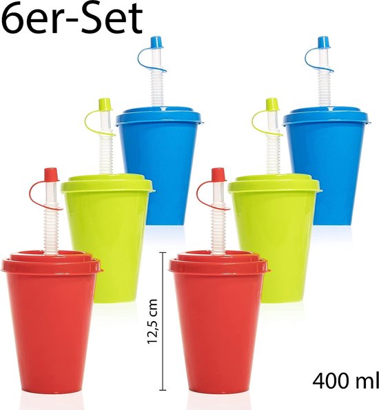 Set de gobelets avec paille et couvercle, gobelet en plastique réutilisable  de 400 ml