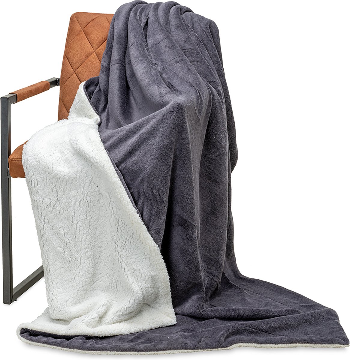 Wicotex - Plaid deken - Fleece Plaid Espoo Zwart - Afmeting 150x200cm met Witte Sherpa binnenkant - Zacht en warme Fleece deken - Plaidfleece