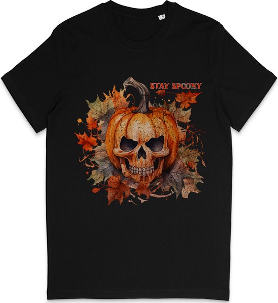 T Shirt Dames Heren - Herfst Halloween Pompoen - Zwart - Maat L