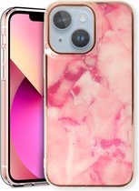 Casemania Hoesje Geschikt voor Apple iPhone 15 Roze - Siliconen Marmer Back Cover