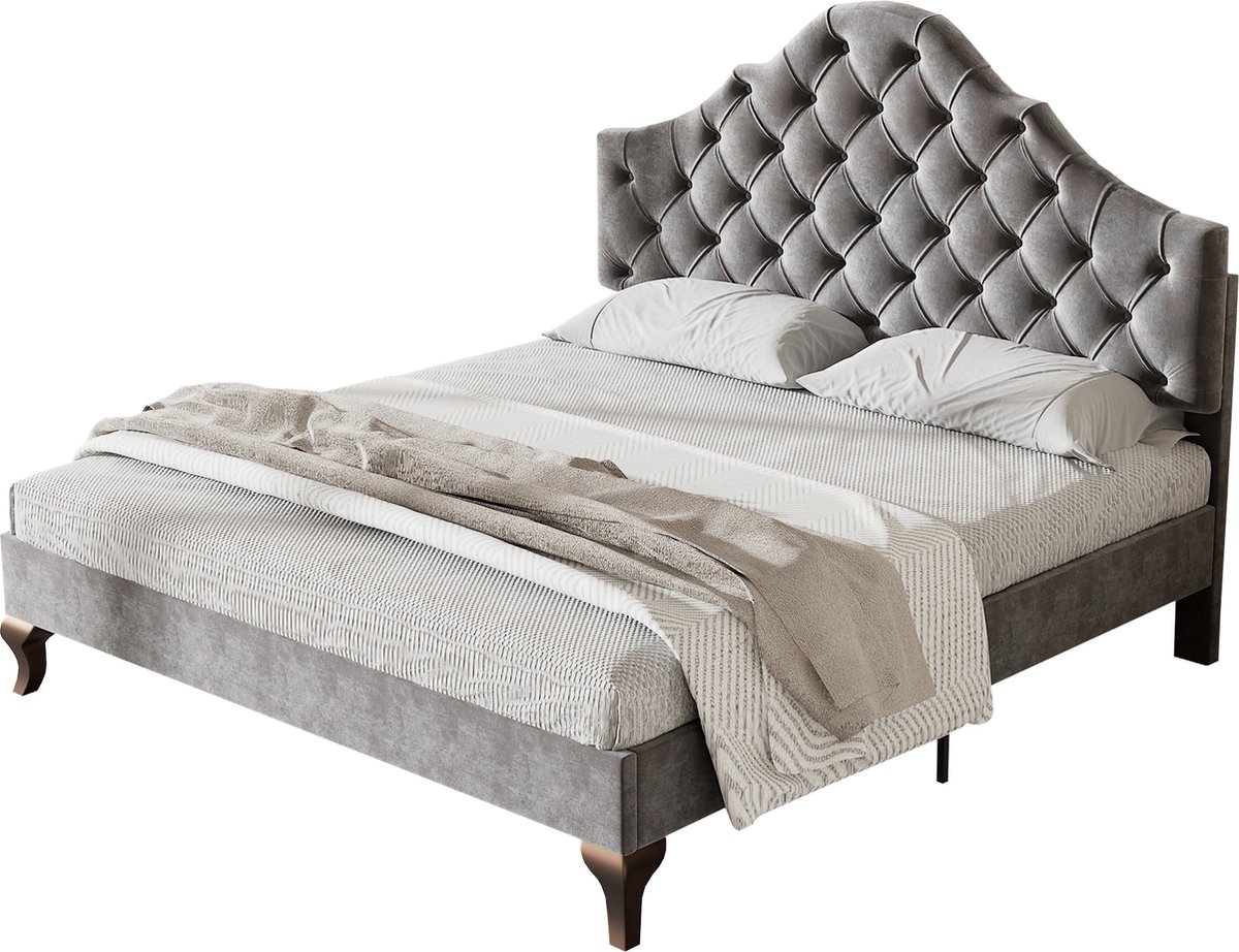 Merax Gestoffeerd Tweepersoonsbed - Bed voor 2 Personen met Verstelbaar Hoofdbord - Grijs