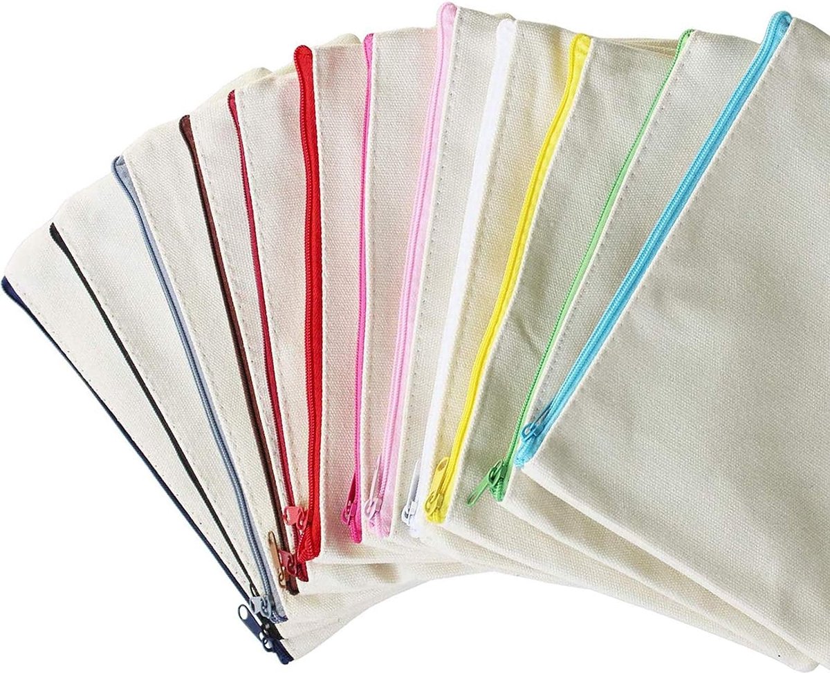 AMFUN 20 stuks DIY blanco stoffen zakjes, klein, doe-het-zelf stoffen zakjes met ritssluiting, multifunctioneel canvas etui voor schilderen school, knutselen, reizen, organizer