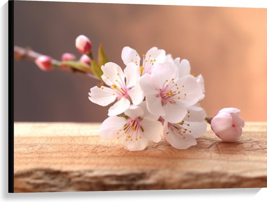 Canvas - Licht Roze Sakura Bloemen op Houten Plank - 100x75 cm Foto op Canvas Schilderij (Wanddecoratie op Canvas)