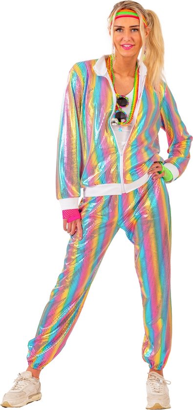 Funny Fashion - Jaren 80 & 90 Kostuum - Rainbow Sequin Jogging - Vrouw - Multicolor - Maat 36-38 - Carnavalskleding - Verkleedkleding