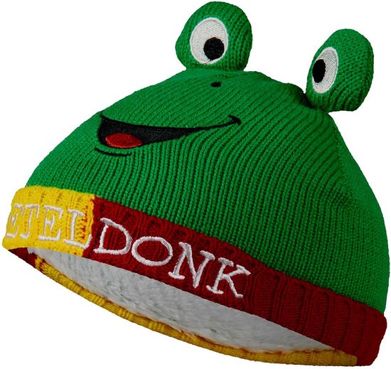 Groene gebreide muts met kikkergezicht en oren. Geel, rood en wit boord met 'OETELDONK' in witte letters.