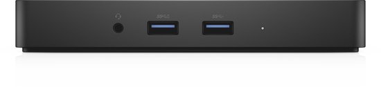 Vooraanzicht van zwarte Dell docking station met 2x USB-A poorten en een koptelefoonaansluiting.