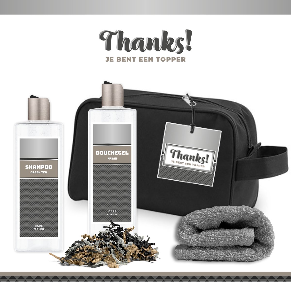 Goedkoopste Geschenkset Thanks! Je bent een topper - 4 Producten - 450 Gram | Toilettas - Giftset voor hem - Luxe cadeaubox man - Douchegel - Shampoo - Vader - Wellness - Pakket - Cadeau set - Bedankt - Thank You - Broer - Vriend - Collega - Zilver