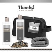 Geschenkset "Thanks! Je bent een topper" - 4 Producten - 450 Gram | Toilettas - Giftset voor hem - Luxe cadeaubox man - Douchegel - Shampoo - Vader - Wellness - Pakket - Cadeau set - Bedankt - Thank You - Broer - Vriend - Collega - Zilver
