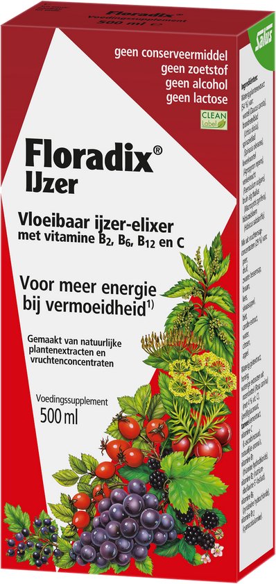 Salus Floradix IJzer-elixir - Mineralen - Bij vermoeidheid - Met ijzer en vitamine B12 - 500 ml