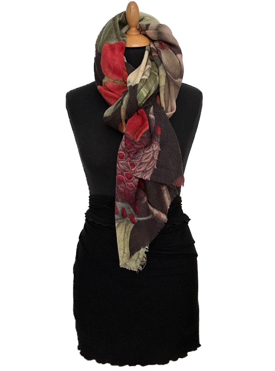 HIGHFIELD SHAWL DESSIN “BLOEMEN” MOOIE TINTEN GROEN/COGNAC/BORDEAUX MATERIAAL: WOL 90CM X 190CM