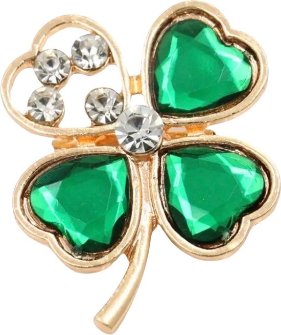 Klaver Klavertje Vier Broche Sierspeld Model C 2.5 cm / 3 cm / Groen Strass Goud