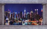 Fotobehang - Vlies Behang - 3D Skyline van New York Raamzicht - 312 x 219 cm