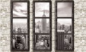 Fotobehang - Vlies Behang - New York Stad en Empire State Building door de Ramen in 3D - 312 x 219 cm