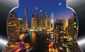 Fotobehang - Vlies Behang - Dubai Stad in de Nacht door Metalen Lijst 3D - 254 x 184 cm